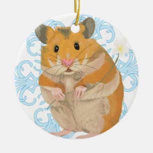 Cute little Hamster holding a flower & snowflake Ceramic Ornament