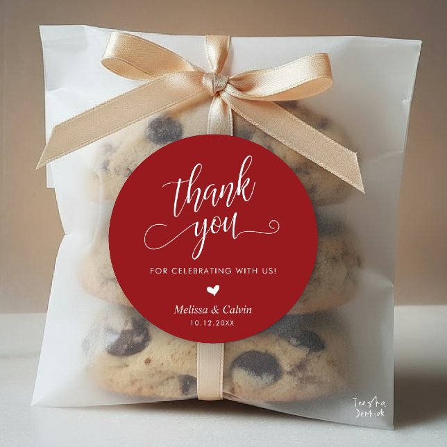 Cute Little Heart Modern Wedding Thank You Gifts Classic Round Sticker (Cute Little Heart Modern Classy Wedding Thank You Gifts Classic Round Sticker in Burgundy Red wine )