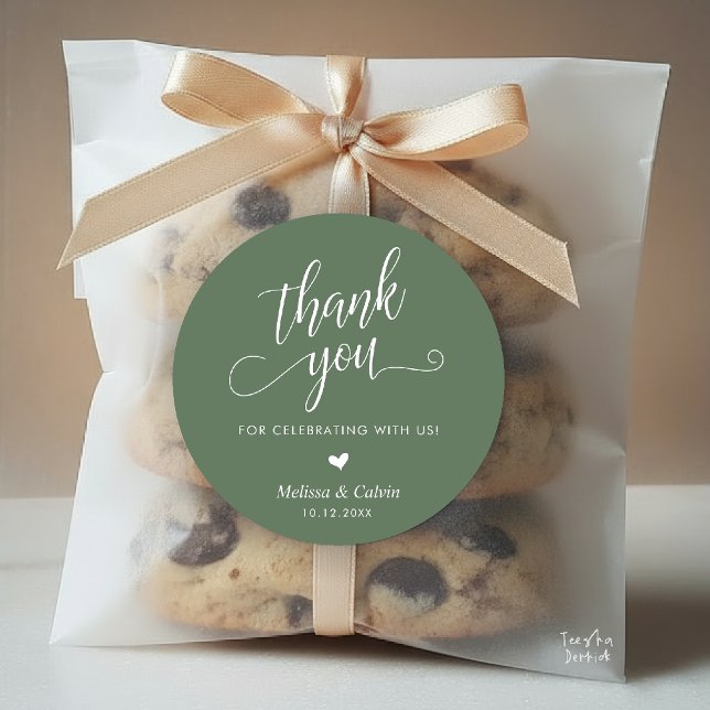 Cute Little Heart Modern Wedding Thank You Gifts Classic Round Sticker (Cute Little Heart Modern Classy Wedding Thank You Gifts Classic Round Sticker in Sage Green)