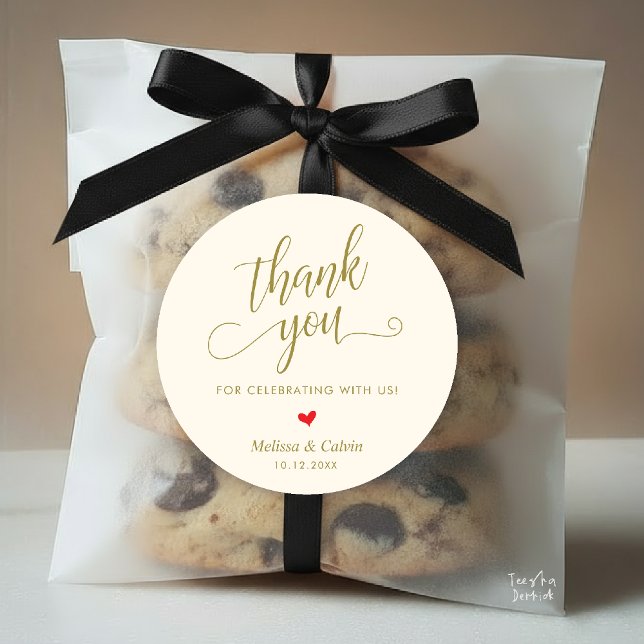 Cute Little Heart Modern Wedding Thank You Gifts Classic Round Sticker (Cute Little Red Heart Modern Classy Wedding Thank You Gifts Classic Round Sticker in Yellow Gold)