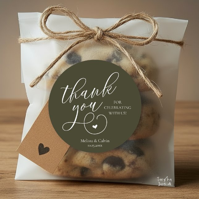 Cute Little Heart Wedding Gifts Thank You  Classic Round Sticker (Cute Little Heart Wedding Gifts Thank You Classic Round Sticker in Classy Rustic Olive Green)