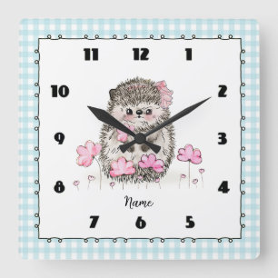 Cute Little Hedgehog Custom Blue Square Wall Clock