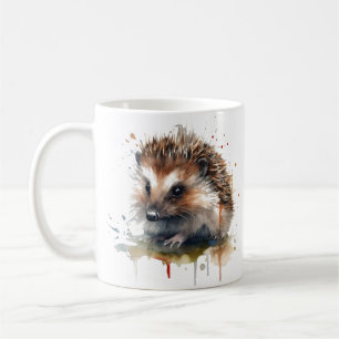 Cute little hedgehog in brown water colour coffee mug