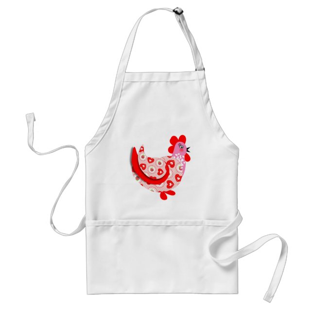 Cute Little Hen Pink Red Flower and Hearts Pattern Standard Apron (Front)