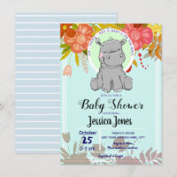 Cute Little Hippo Floral Baby Shower Invitations