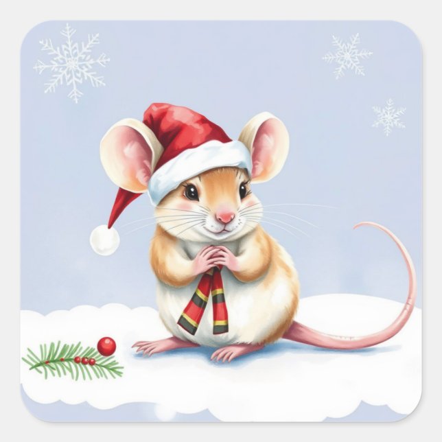 Cute Little Holiday Mouse Christmas Square Sticker (Front)