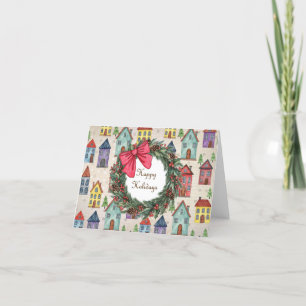 Cute Little House Whimsical Folk Art Christmas  Holiday Card