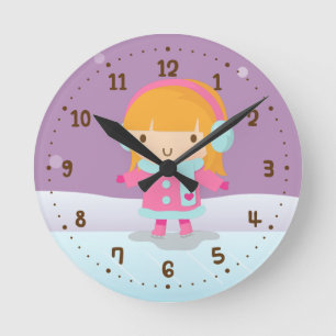 Cute Little Ice Skater Winter Girls Room Decor Round Clock