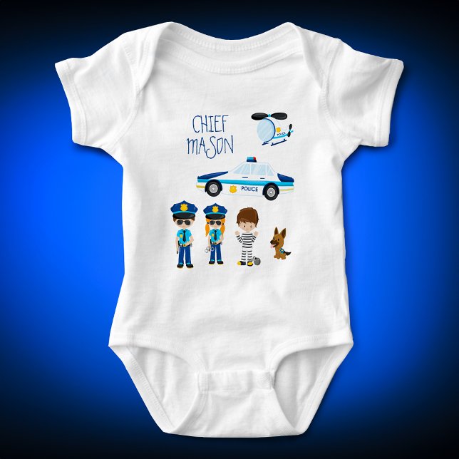 Cute Little Kid Cartoon Policeman with First Name Baby Bodysuit (Creator Uploaded)