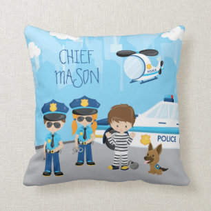 Cute Little Kid Cartoon Policeman with First Name Cushion