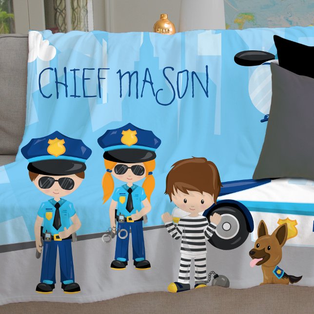 Cute Little Kid Cartoon Policeman with First Name Fleece Blanket (Creator Uploaded)