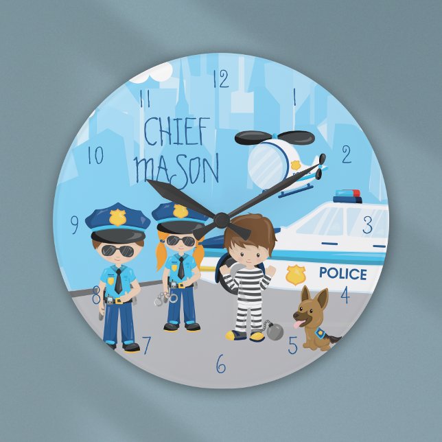 Cute Little Kid Cartoon Policeman with First Name Large Clock (Creator Uploaded)