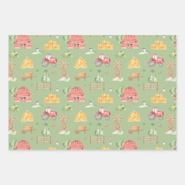 Cute Little Kids Farm and Animals Pattern Wrapping Paper Sheet (Front)