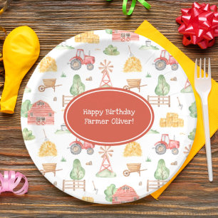 Cute Little Kids Farmer Pattern Happy Birthday Paper Plate