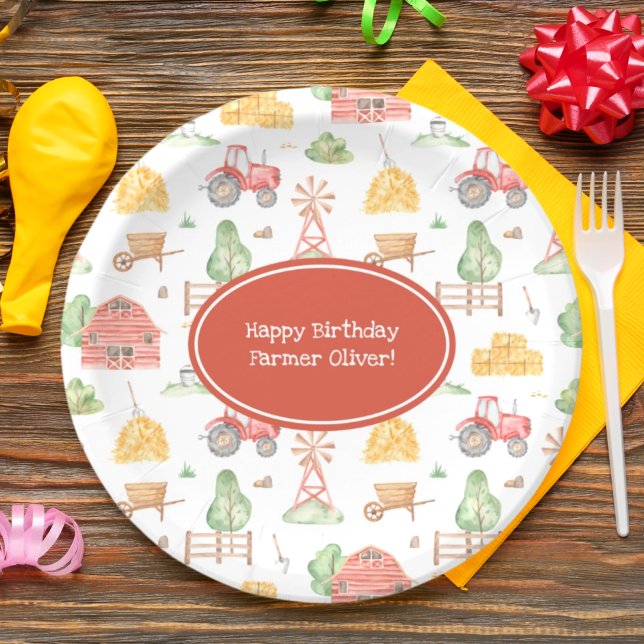 Cute Little Kids Farmer Pattern Happy Birthday Paper Plate (Creator Uploaded)