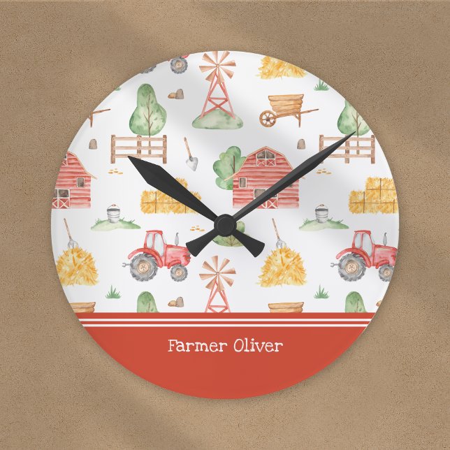 Cute Little Kids Farmer Pattern with First Name Round Clock (Creator Uploaded)