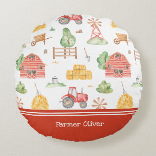 Cute Little Kids Farmer Pattern with First Name Round Cushion