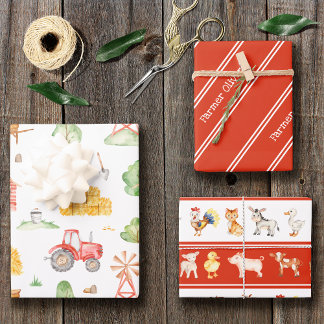 Cute Little Kids Farmer Pattern with First Name Wrapping Paper Sheet