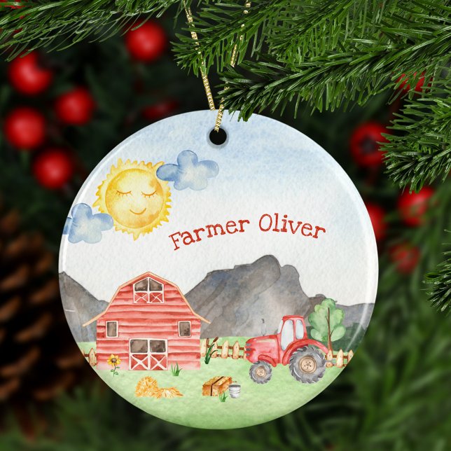 Cute Little Kids Farmer with First Name Christmas Ceramic Ornament (Creator Uploaded)