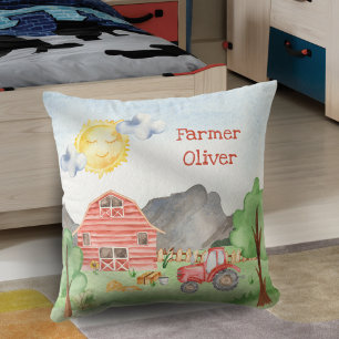 Cute Little Kids Farmer with First Name Watercolor Cushion