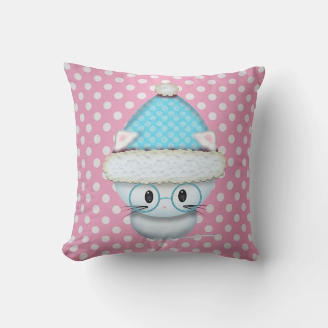 Cute Little Kitten in Winter Hat Polka Dot Cushion (Front)
