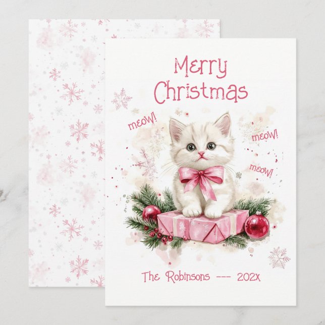 Cute Little Kitten Pink Christmas Card (Front/Back)