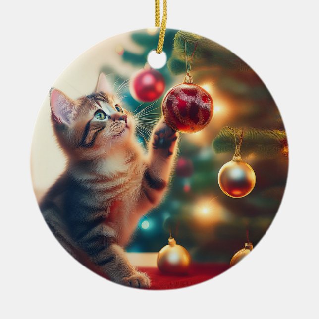 Cute Little Kitten Playing With Christmas Bulb Ceramic Ornament (Front)
