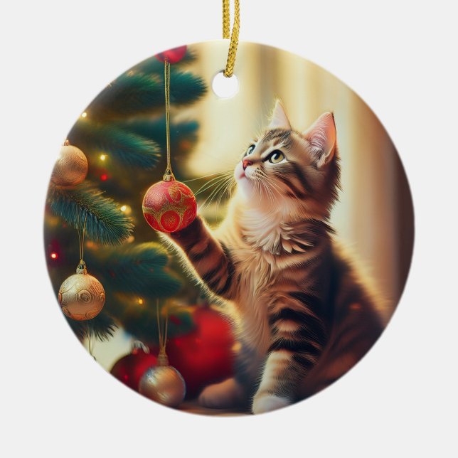 Cute Little Kitten Playing With Christmas Bulb Ceramic Ornament (Front)