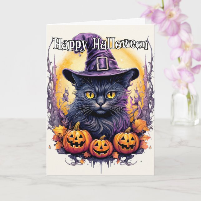 Cute Little Kitty Cat Witch | Halloween Card (Orchid)
