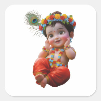 Cute Little Krishna Traditional Indian Art Poster Square Sticker