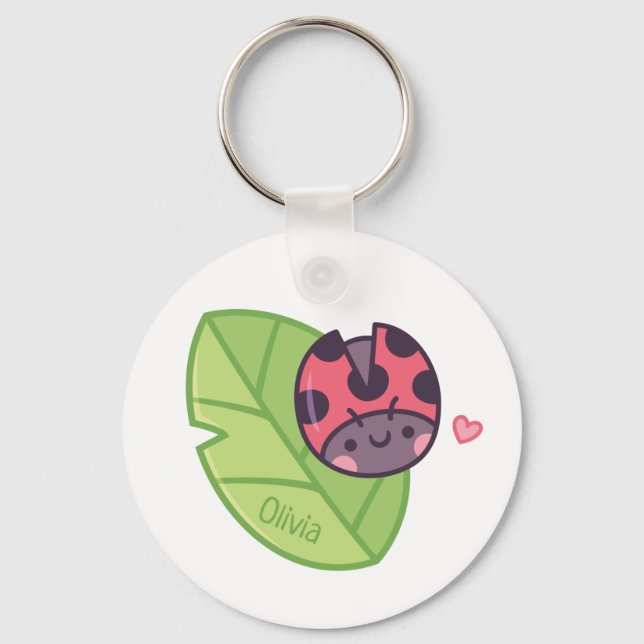 Cute Little Ladybug Beetle on Leaf Personalized Key Ring (Front)