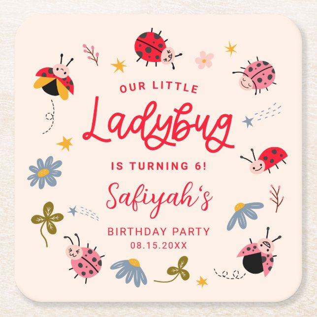 Cute Little Ladybug Birthday Party Square Paper Coaster (Front)