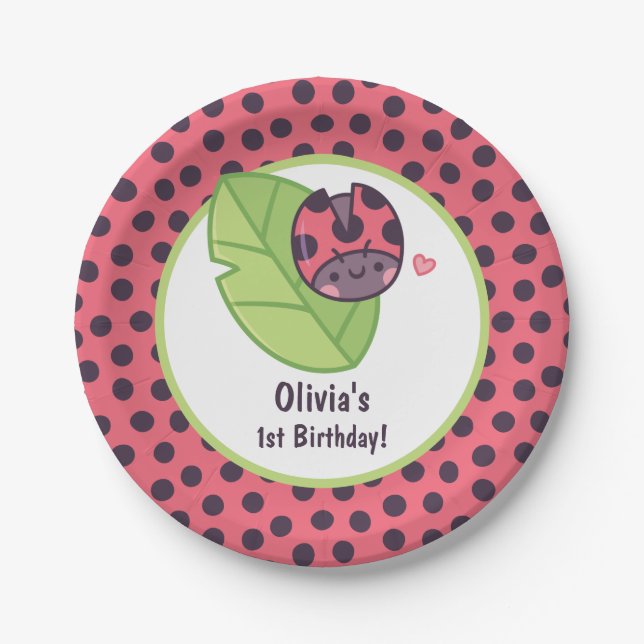 Cute Little Ladybug Doodle Girls Birthday Party Paper Plate (Front)