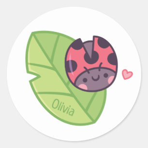 Cute Little Ladybug On Leaf Kids Personalised Classic Round Sticker