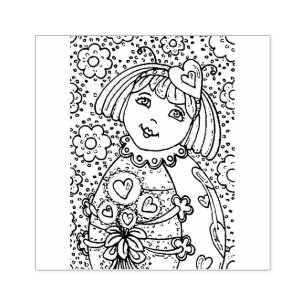 CUTE LITTLE LADYBUG WITH HEART BOUQUET, WHIMSICAL RUBBER STAMP