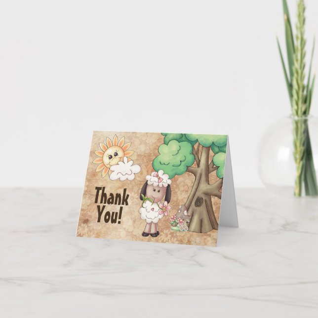 Cute Little Lamb and Flowers Sheep Thank You Card (Front)