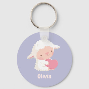 Cute Little Lamb Hugging Heart Kids Personalised Key Ring