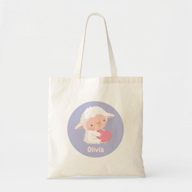 Cute Little Lamb Hugging Heart Name tote bag (Front)