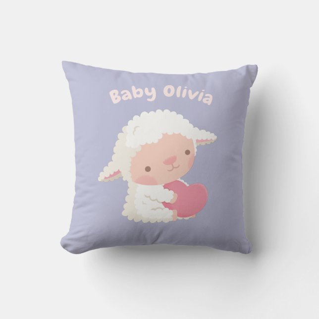 Cute Little Lamb Hugs Heart Baby Nursery Cushion (Front)