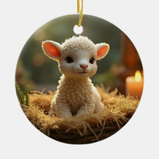 CUTE LITTLE LAMB IN A MANGER CERAMIC ORNAMENT
