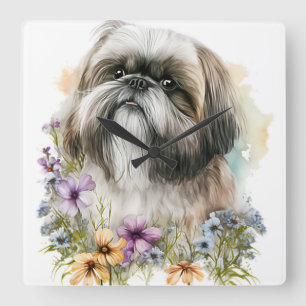 CUTE LITTLE LHASA APSO DOG WITH WILDFLOWERS SQUARE WALL CLOCK
