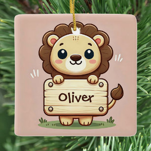 Cute Little Lion with a Name Sign Ceramic Ornament