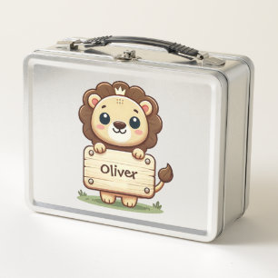 Cute Little Lion with a Name Sign Metal Lunch Box