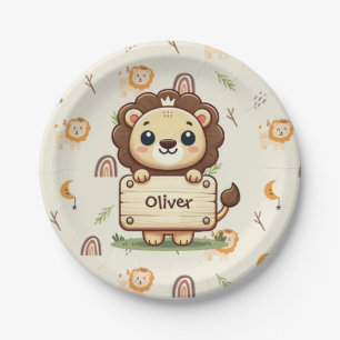 Cute Little Lion with a Name Sign Paper Plate