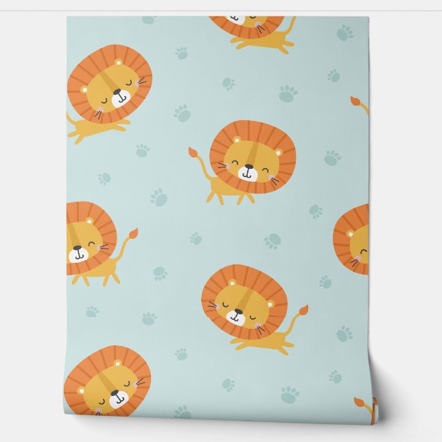 Cute little Lions with footprints on light blue Wallpaper (Unrolling)