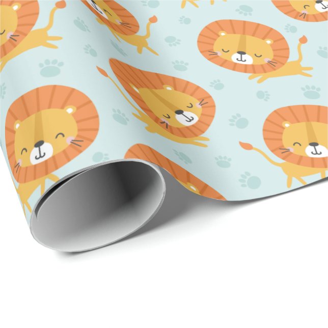 Cute little Lions with footprints on light blue Wrapping Paper (Roll Corner)