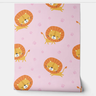 Cute little Lions with footprints on light pink Wallpaper