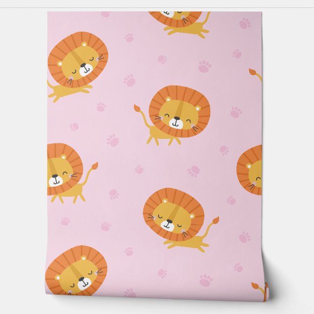 Cute little Lions with footprints on light pink Wallpaper (Unrolling)