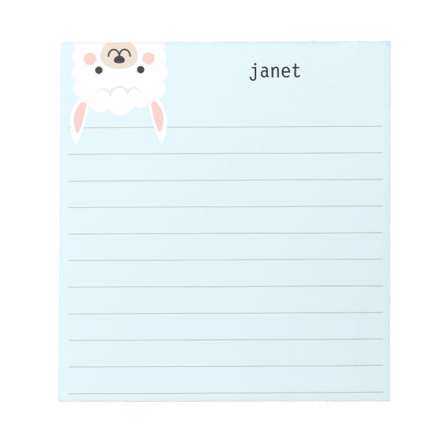 Cute Little Llama, Blue Personalised Lined Notepad (Front)
