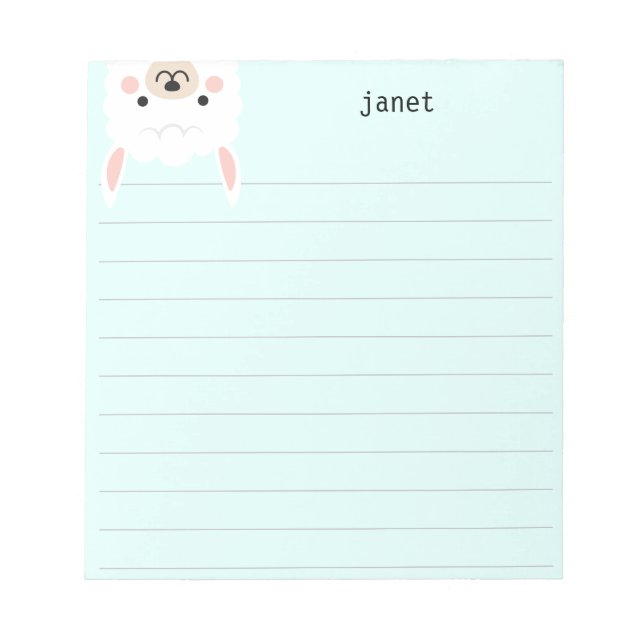 Cute Little Llama Mint Green Personalised Lined Notepad (Front)